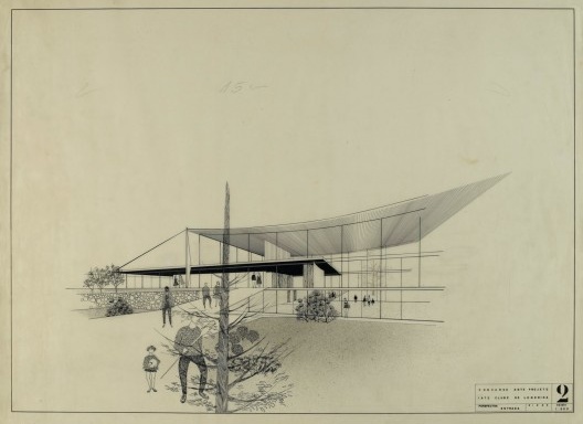 Perspectiva Yacht club, Londrina, 1959. Arquitetos João Walter Toscano, Odiléa Setti Toscano, Julio Roberto Katinsky, Abrahão Velvu Sanovicz. Inv.: AM 2009-2-54. Collection architecture du Musée national d’art moderne/Centre de création industrielle
