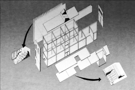 Análise projetual, isométrica categoria tectônica, Casa 127, H Arqu., Espanha, 2006. Alunos B. Costa, C. Garcia, C. Lima, F. Abreu e N. Ferreira, primeiro semestre de 2014