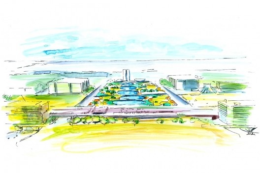 Simulação de jardins de Burle Marx para o eixo monumental de Brasília. Aquarela de Ilda Fuchshuber