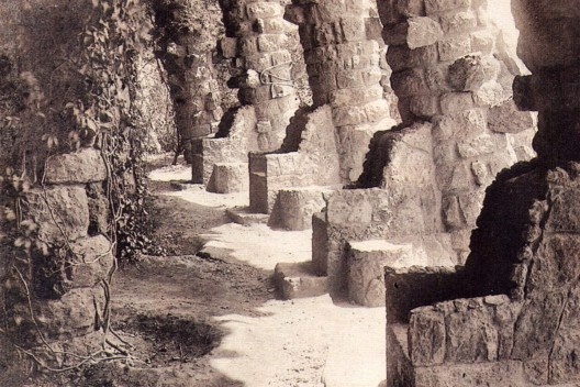 Mudas de trepadeiras plantadas ao pé das colunas de um dos viadutos, em detalhe de um cartão-postal de 1914. Atualmente as colunas dos viadutos estão desprovidas de vegetação.