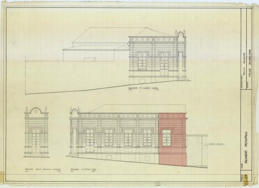 Projeto da fachada restaurada, Casa Bonimi. Em destaque trecho acrescido da fachada