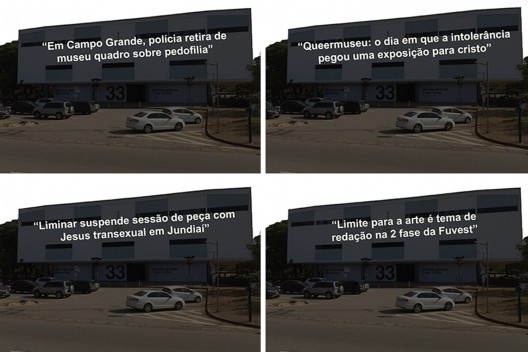 Montagem das projeções sobre da fachada do Pavilhão da Bienal, 1a sede do MAC USP. Fontes da notícia: Folha de São Paulo, 16/09/2017; El País, 13/09/2017; Folha de São Paulo, 16/09/2017; O Estado de São Paulo, 07/01/2018