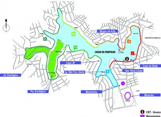 Sinalização turística para pedestres, conjunto urbanístico e arquitetônico da Pampulha