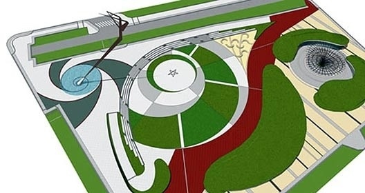 O marco que projeta a estrela, elemento de destaque da praça, surge de um espelho d`água formado a partir de várias fontes