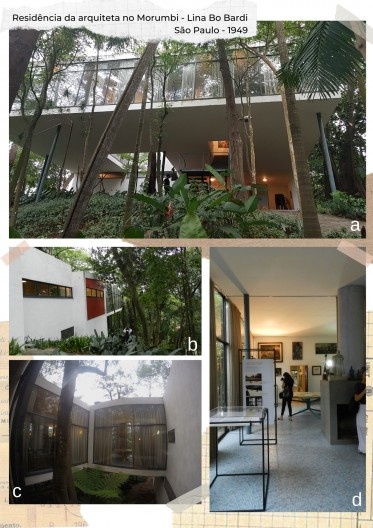 Casa de Vidro: a) vista da fachada frontal camuflada entre as árvores; b) vista da fachada lateral, parte suspensa sobre pilotis e parte apoiada diretamente no terreno; c) átrio; d) eixo visual que vai da sala defronte à lareira, passando pela sala de jan