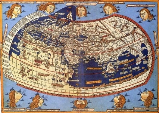 gravado por Johannes Schnitzer (1482) com base nas tabelas do tratado Introdução à Geografia, de Claudio Ptolomeu, escrito em 150/170. Com latitudes e longitudes, linha do Equador e dos trópicos (esquemas)