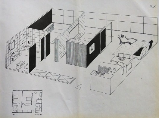 Conjunto JK, planta e perspectiva de um dos modelos de apartamento, Belo Horizonte MG Brasil, 1951. Arquiteto Oscar Niemeyer