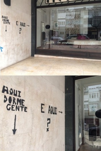 Recado urbano ao lado de uma loja de camas e colchões situada na rua Almirante Reis, Lisboa, Portugal