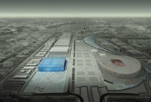 Vista aérea. Clube Nacional da natação (Arq. PTW) à esquerda e Estádio Nacional à direita (arq. Herzog & DeMeuron)