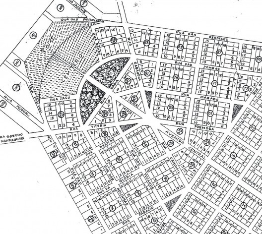 Traçado de Arapongas: detalhe da composição de vias e área livre diante do cemitério. Projeto do Escritório Técnico da Companhia de Terras Norte do Paraná, 1932