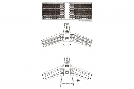 Fachada posterior e planta baixa dos pavimentos térreo e “tipo” do edifício dormitório de nove pavimentos