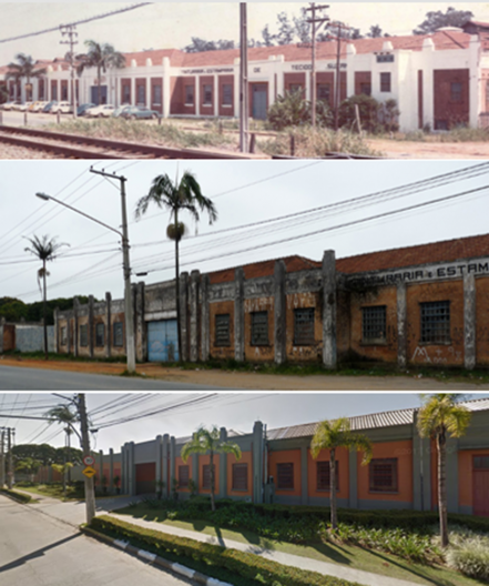 Três períodos da Tinturaria e Estamparia Suzano (1920-97): em 1983, em pleno funcionamento; 2011, após a falência da empresa, por causa da concorrência estrangeira; e atualmente, transformada em garagem de ônibus