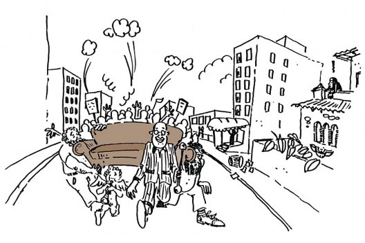 O retorno triunfal do sofá na Rua Baronesa de Itu”. Mário de Andrade na frente com o sofá sendo conduzido por Mauro Bondi e José Saia