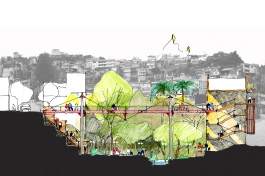 Parque Novo Santo Amaro V - Programa Mananciais, croqui-corte transversal do parque, São Paulo SP Brasil, 2009 – 2012. Arquitetos Héctor Vigliecca, Luciene Quel, Neli Shimizu e Ronald Fiedler Werner / Vigliecca & Associados