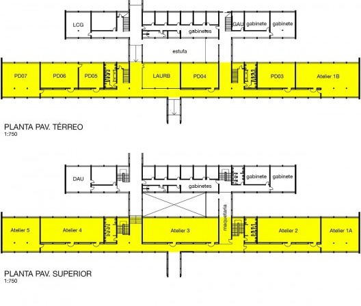 Figura 4 – Plantas dos blocos pertencentes ao departamento de Arquitetura e Urbanismo. Em destaque, o bloco didático