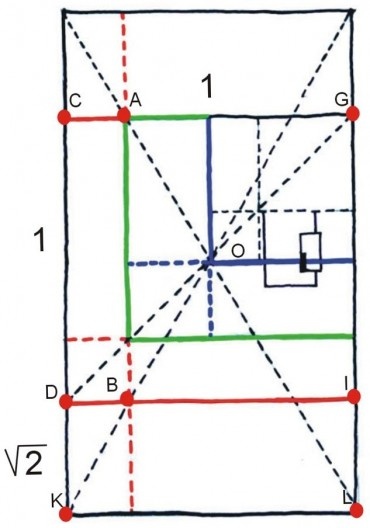 Sucessão de quadrados áureos que determinam as proporções da residência João Villaça