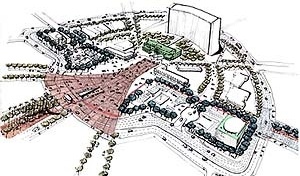 Vista geral da proposta de revitalização da Praça Cívica. Recuperando seu papel estruturador do tecido urbano original