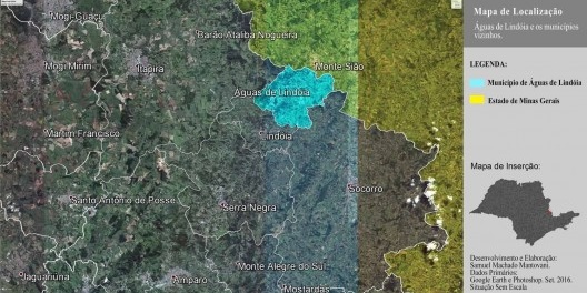 Inserção urbana de Águas de Lindóia (demarcação em azul) no Estado de São Paulo (SP), próximo à divisa com o Estado de Minas Gerais (MG) (demarcação em amarelo). Edição realizada pelos autores