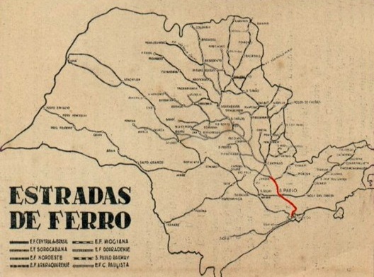 Mapa do Estado de São Paulo com estradas existentes na década de 1970, assinalado em vermelho o percurso da SPR, ligando o Porto de Santos à cidade de Jundiaí