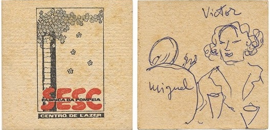 Bolacha da choperia do Sesc Pompeia, retrato de Victor Nosek e Miguel Paladino por Lina Bo Bardi, 1984