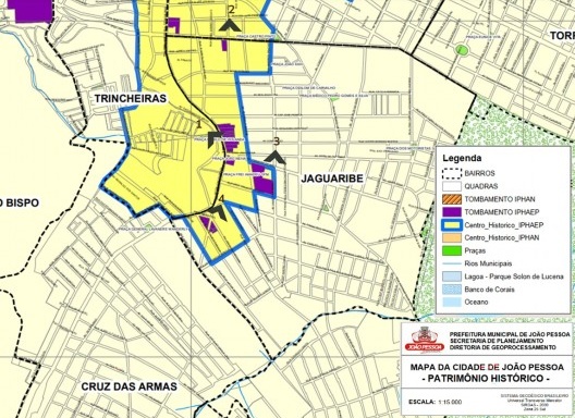 Mapa com recorte da zona Oeste da cidade de João Pessoa PB com demarcação do centro histórico, e destaque para a área tombada no bairro de Jaguaribe