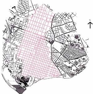 Tabuleiro e zonas de expansão da cidade de Pelotas. Zona de fundação se mantém intacta até hoje