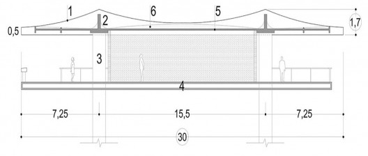 Corte Esquemático do pavimento superior. 1-Viga cobertura (transversal); 2-Viga mestra (longitudinal); 3-Pilar; 4-Laje piso do térreo caixão perdido; 5-Laje maciça da cobertura do pavimento superior; 6-Argamassa para caimento das águas pluviais