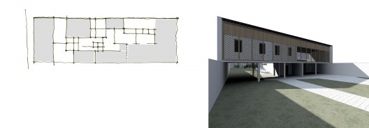 Desenho esquemático da planta baixa e perspectiva da casa Rodrigues Alves, São Paulo, 1950, arquiteto Rino Levi
