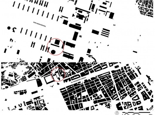 Mapas Figura Fundo do Eixo Monumental em Brasília e da avenida Presidente Vargas no Rio de Janeiro com a área do Itamaraty em destaque