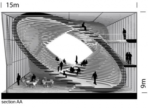 Adaptable Architecture Gallery on the Thames River Urban Competition – London 2008, corte transversal 1, menção honrosa. Arquitetos Victor Paixão, Miguel Felipe Muralha, Paula Sertório, Thiago Florez, André Mack, Bruno Castro