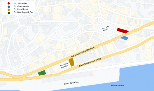 Mapa de localização dos edifícios Michelini, Ouro Verde, Rural Bank e das Repartições Públicas, Vitória ES