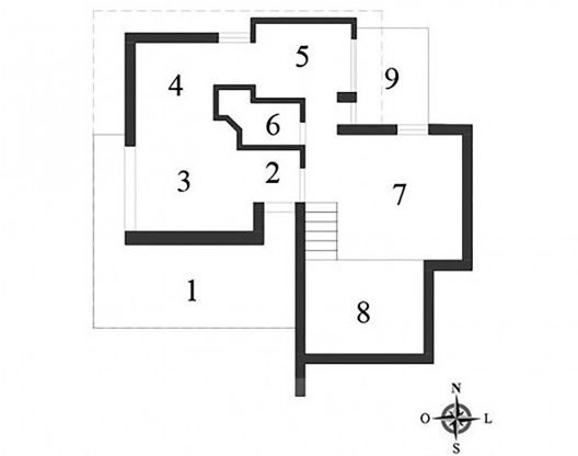 Casinha, planta, projeto de Vilanova Artigas, São Paulo, 1942. 1) terraço; 2) hall; 3) sala de estar; 4) sala de jantar; 5) cozinha; 6) banheiro; 7) dormitório; 8) ateliê; 9) serviços