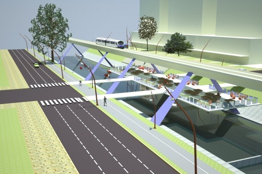 Av. Ipiranga e Arroio Dilúvio – Via Universitária, Exemplo de praças elevadas (refúgios) com áreas de estudo e lazer, Moacyr Moojen Marques e Sergio Moacir Marques.