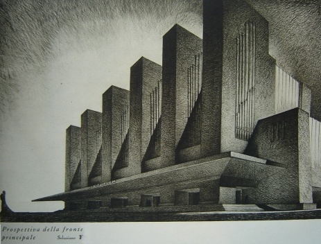 Auditório. Perspectiva da fachada principal. Solução F. Milano, Rizzoli & C, 1935. Biblioteca Instituto Italiano di Cultura di Buenos Aires.