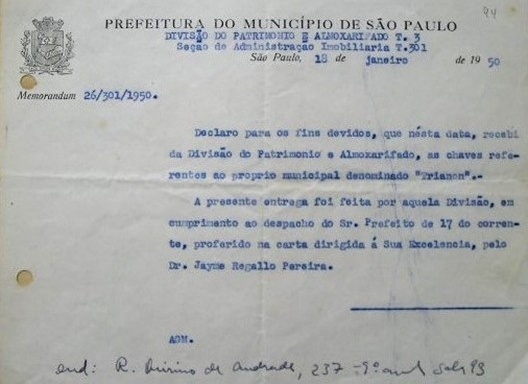 Declaração de entrega das chaves do Belvedere do Trianon, local de realização da I Bienal do MAM/SP – cópia, 18 jan. 1950