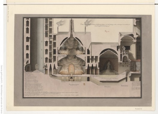 Jean-Jacques Lequeu, Section perpendiculaire d'un souterrain de la maison gothique, au droit de la ligne milieu, en la largeur des mamelons, et suivant la pante de la montagne, 1777-1814