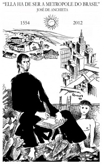 Desenho de Carlos Lemos para o Jornal do SESC, por ocasião do aniversário de São Paulo em 1951, com o Padre Anchieta e a sua visão da cidade se tornando uma metrópole