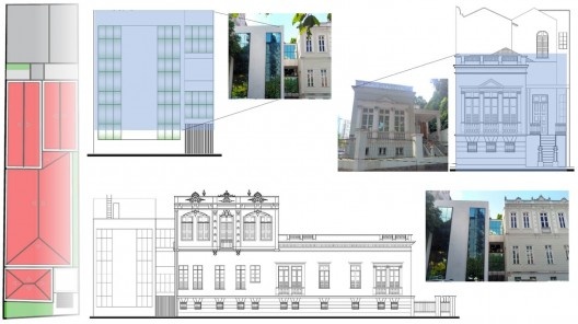 Conjunto arquitetônico da atual sede do Iphan PA, sendo: a. implantação; b. fachada do anexo; c. fachada principal da antiga residência; d. vista lateral da edificação e conexão com o anexo