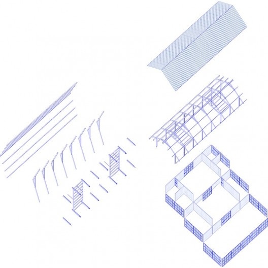 Coberturas no Xingu, perspectiva isométrica do sistema construtivo, Parque Indígena do Xingu, São Félix do Araguaia MT Brasil, 2017. Arquiteto Gustavo Utrabo (autor) / Estúdio Gustavo Utrabo