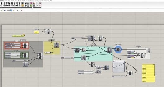 Tela do software Grasshopper mostrando o processo de construção de um modelo paramétrico. As ações são intercaladas linearmente por modificadores (parâmetros) que indicam dimensões, forma, seções e cores