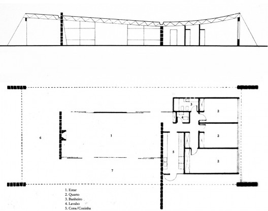 Casa Cavanelas, corte longitudinal e planta, 1954, arquiteto Oscar Niemeyer e paisagista Roberto Burle Marx