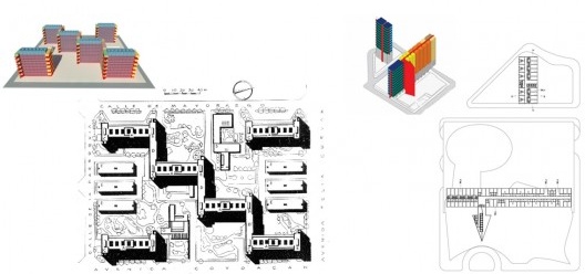 Isométrico do CUPA à esquerda, e do CJK à direita, diferenciando tipos de apartamentos e corredores de circulação coletivos (em vermelho)