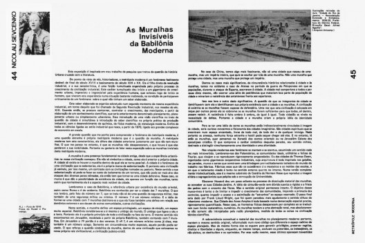 Artigo \"As muralhas invisíveis da Babilônia moderna\", de Nicolau Svecenko, na revista Óculum n.1, p. 44-45