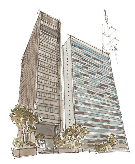 Edifício Paulista Mil, Avenida Paulista, 1.000, esquina com Alameda Campinas, acima à esquerda; Edifícios Paulicéia e São Carlos do Pinhal, Avenida Paulista, 960 / Rua São Carlos do Pinhal, 345, acima à direita