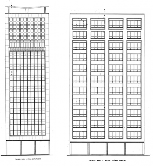 Edifício Michelini: da esquerda para a direita — fachadas para a praça Costa Pereira e avenida Jerônimo Monteiro, Vitória ES