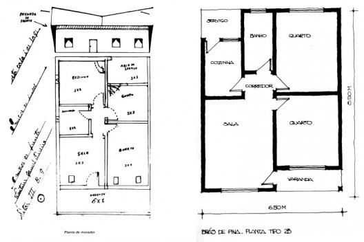 À esquerda, croqui de morador; à direita, planta adaptada da Codesco