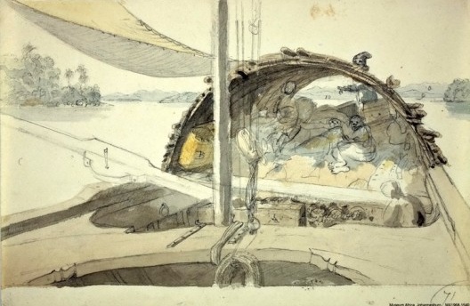 William Burchell. Barge – Interior (Interior de uma falua), c. 1825. Lápis e aguada, 14 x 21,2 cm