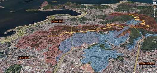 Em azul, as favelas frente ao noroeste do bairro