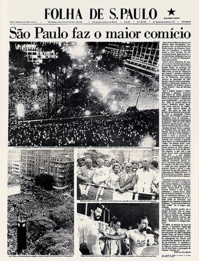 Manchete do jornal Folha de S.Paulo, Vale do Anhangabaú durante comício da campanha Diretas Já, São Paulo, 17 de abril de 1984