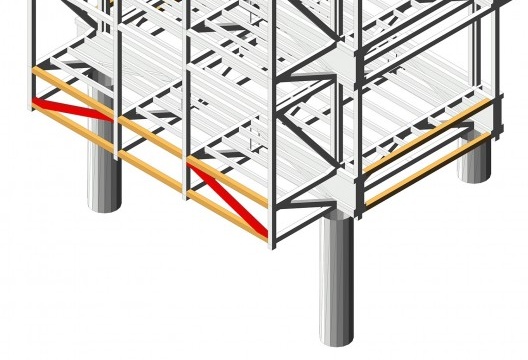 A ilustração mostra a sobreposição da deformação da estrutura original (bege) e da estrutura retificada (vermelho) com um travamento do módulo inferior (detalhe em vermelho). Carga 50x